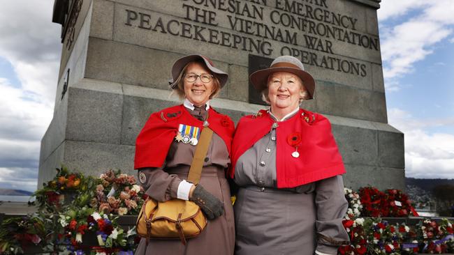 Kim Denholm and Bernadette Peck from the Historical Arms &amp; Military Society Tasmania. Remembrance Day service in Hobart 2023. Picture: Nikki Davis-Jones