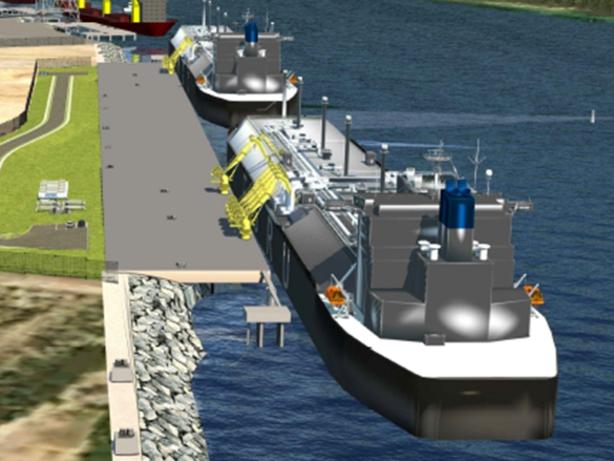 Venice Energy An artist's impression of the proposed liquefied natural gas (LNG) importterminal to be built at Outer Harbor, Port Adelaide, South Australia, byVenice Energy. The image shows the floating storage and regasification unit(in the foreground), or FSRU, and a Liquefied Natural Gas Carrier, LNGC,berthed in front of it. The FSRU would be semi-permanently moored atPelican Point, Outer Harbor, while LNGCs would come and go makingdeliveries. Gas would be piped into the main SA gas network from the FSRU.December 2021. Picture supplied by Venice Energy