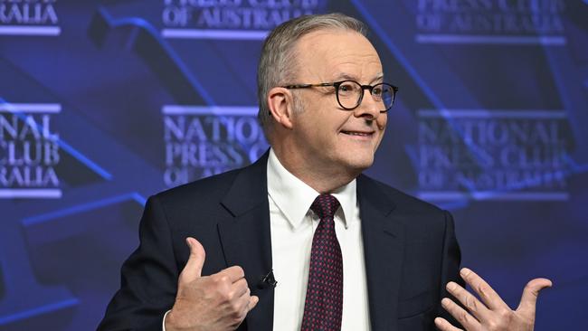 Anthony Albanese addresses the National Press Club of Australia in Canberra on Friday. Picture: NewsWire / Martin Ollman