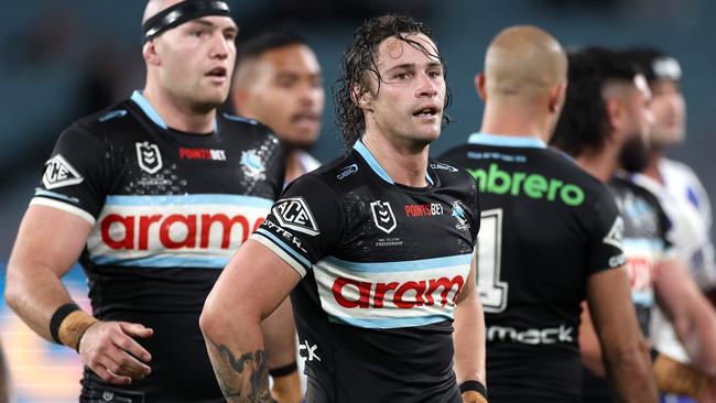 SYDNEY, AUSTRALIA - JUNE 28:  Nicho Hynes of the Sharks reactsduring the round 17 NRL match between Canterbury Bulldogs and Cronulla Sharks at Accor Stadium on June 28, 2024, in Sydney, Australia. (Photo by Cameron Spencer/Getty Images)