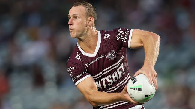 GOSFORD, AUSTRALIA - FEBRUARY 25: Daly Cherry-Evans of the Sea Eagles looks to pass during the NRL Trial Match between the Manly Sea Eagles and the Canberra Raiders at Central Coast Stadium on February 25, 2022 in Gosford, Australia. (Photo by Ashley Feder/Getty Images)