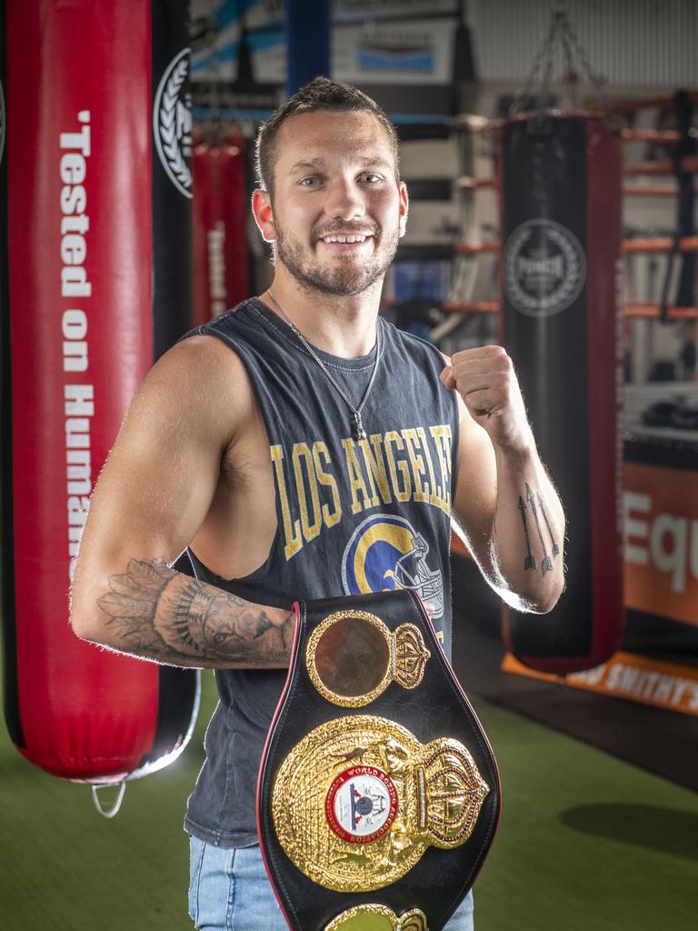 Toowoomba boxer Steve Spark with his WBA Intercontinental super lightweight title belt. Picture: Nev Madsen.