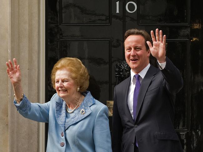 Baroness Margaret Thatcher with then-PM, David Cameronon the doorstep of 10 Downing Street in 2010.