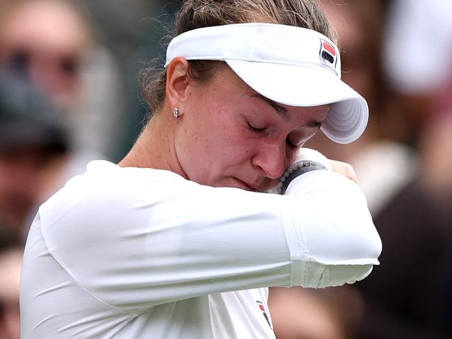 Barbora Krejcikova fights back to tears when talking about her mentor post-match. Picture: Francois Nel/Getty Images