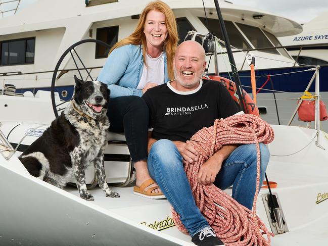 Brigid Dighton and Johnny Hilhorst with their dog, Seb, 10 on the Maxi Yacht, Brindabella in Outer Harbor, which has been upgraded to a commercial sailing vessel for tourists, Wednesday, Jan. 18, 2023. Picture: Matt Loxton