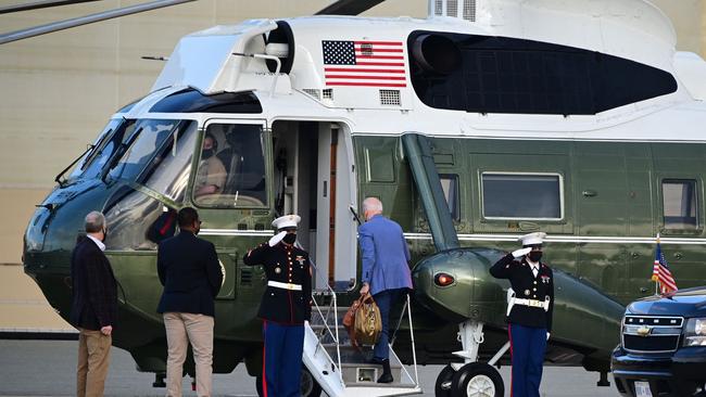 Joe Biden boards Marine One in Delaware, his home state, on Monday as he returns to Washington. Picture: AFP