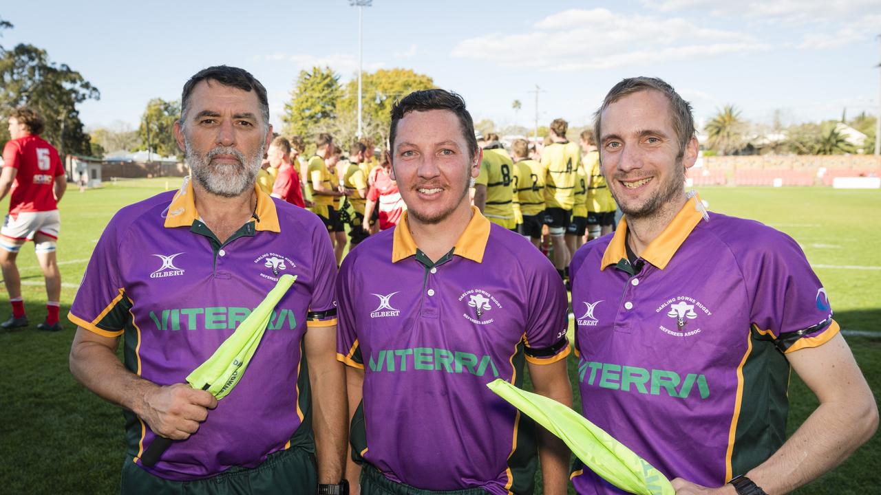 Downs Rugby referees (from left) Gary King, Christiaan van der Nest and Bradley OHara after the B Grade final. Picture: Kevin Farmer