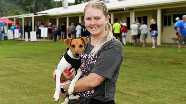 Kacey Musk, with Ralph the Jack Russell in front of the early voting line at the Greenwood Park Sporting Complex. Picture: Shae Beplate.