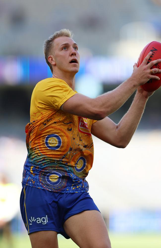 Oscar Allen warms up ahead of the Round 1 clash with Gold Coast. Picture: Janelle St Pierre/AFL Photos via Getty Images.