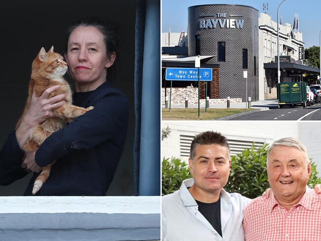 Rachel Mayhem​, left, pictured ​with her mum's beloved cat at Woy Woy's Bayview​, Hotel. Rachel is the daughter of 82​-y​era-old Pamela Maytom​, who rushed from the Central Coast to the NSW Supreme Court in Sydney late on Saturday afternoon to launch legal action against millionaire father-and-son pub owners ​Stuart and Arthur Laundy​ (top right) in an eleventh-hour bid to continue residing at the Bayview Hotel​. Pictures: Sue Graham/News Corp