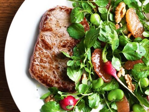 Sirloin steak with watercress and ruby grapefruit salad.