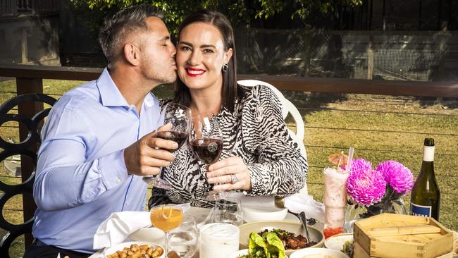 Margaux and Corey Parker enjoy a COVID date night courtesy of the Dark Kitchen (Blackbird, Byblos, Donna Chang and Lord of the Wings). Picture: Nigel Hallett