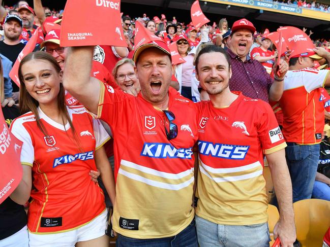 NRL:Roosters V Dolphins, Suncorp Stadium. Isabella Lucsa, Michael Mende and Chris Sparks. Picture: Patrick Woods.