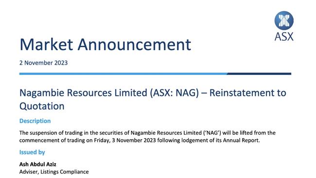 If you wanted to invest in Nagambie, this is the notice for which you have been waiting. Source: ASX