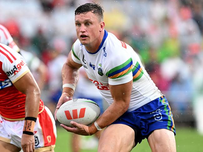 BRISBANE, AUSTRALIA - MARCH 11: Jack Wighton of the Raiders runs with the ball during the round two NRL match between the Dolphins and the Canberra Raiders at Kayo Stadium on March 11, 2023 in Brisbane, Australia. (Photo by Bradley Kanaris/Getty Images)