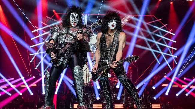 Gene Simmons (l) and Paul Stanley of U.S. hard rock band Kiss are on stage at the band’s European tour opener at Westfalenhalle. Photo: Bernd Thissen/dpa (Photo by Bernd Thissen/picture alliance via Getty Images)