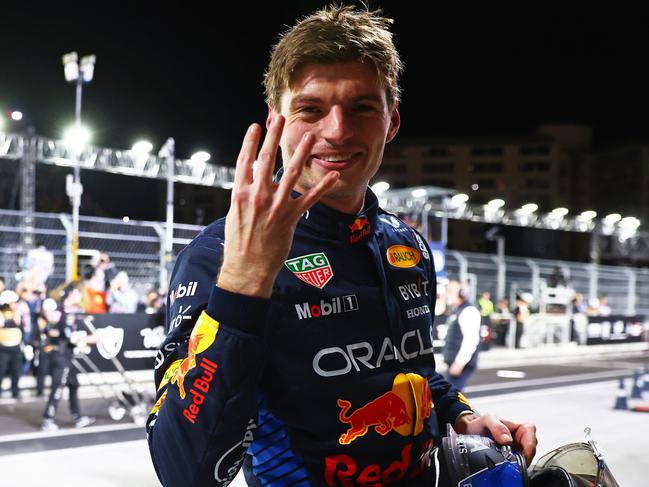 LAS VEGAS, NEVADA - NOVEMBER 23: 2024 F1 World Drivers Champion Max Verstappen of the Netherlands and Oracle Red Bull Racing celebrates in parc ferme during the F1 Grand Prix of Las Vegas at Las Vegas Strip Circuit on November 23, 2024 in Las Vegas, Nevada. (Photo by Mark Thompson/Getty Images)