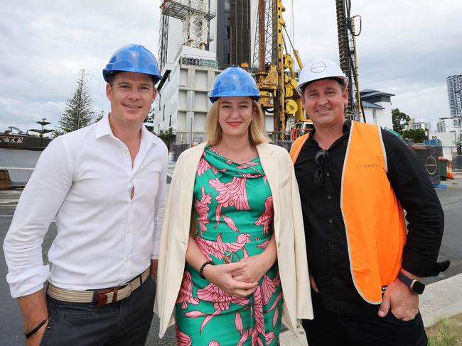 Buildcap Director Stuart Biggs and Gold Coast Councillor Brooke Patterson and Sunbuilt Managing Director Damien Todd look over the site of Tower Two at Marine Quarter in Southport. Picture Glenn Hampson