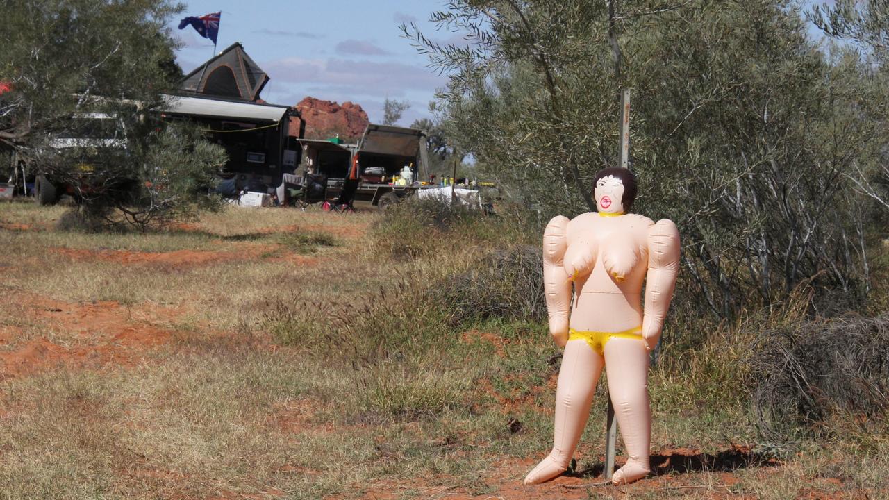 A creative camp marker. The 2025 Finke Desert Race has begun, with hundreds of punters lining the track south of Alice Springs to catch the action. Picture: Gera Kazakov