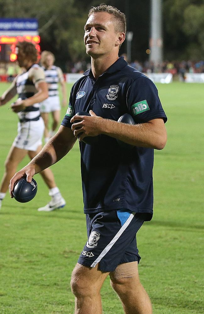 Geelong captain Joel Selwood walks from the ground with his right hamstring strapped. Picture: Wayne Ludbey