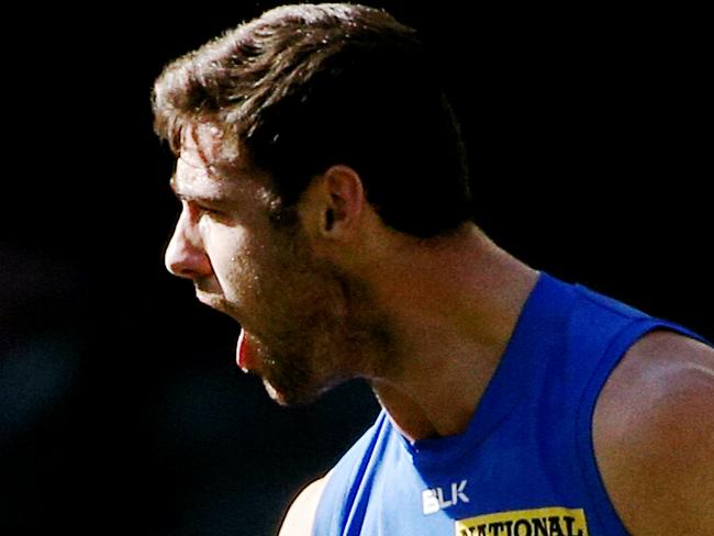 AFL Round 19- Melbourne v Brisbane Lions at Etihad Stadium. Michael Close celebrate's a goal. 3rd August 2014. Picture : Colleen Petch