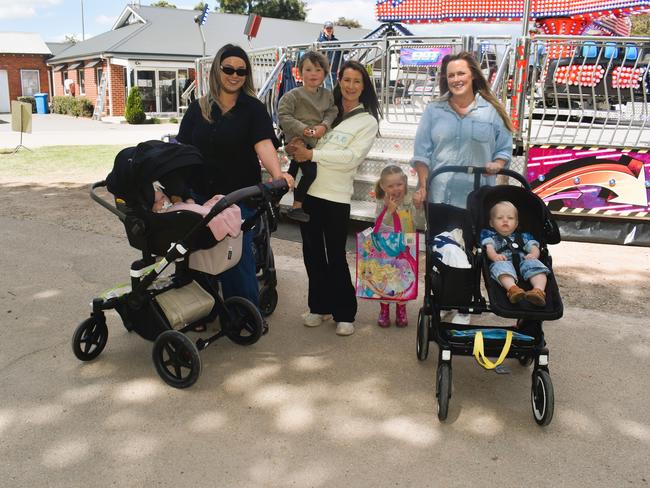 Attendees enjoying the 159th Sale Agricultural Show at the Sale Showgrounds on Friday, November 01, 2024: Sarah Cotterill, Baby Alby, Hannah Gilbert, Matilda, Holly Balmer and Baby Ronnie. Picture: Jack Colantuono