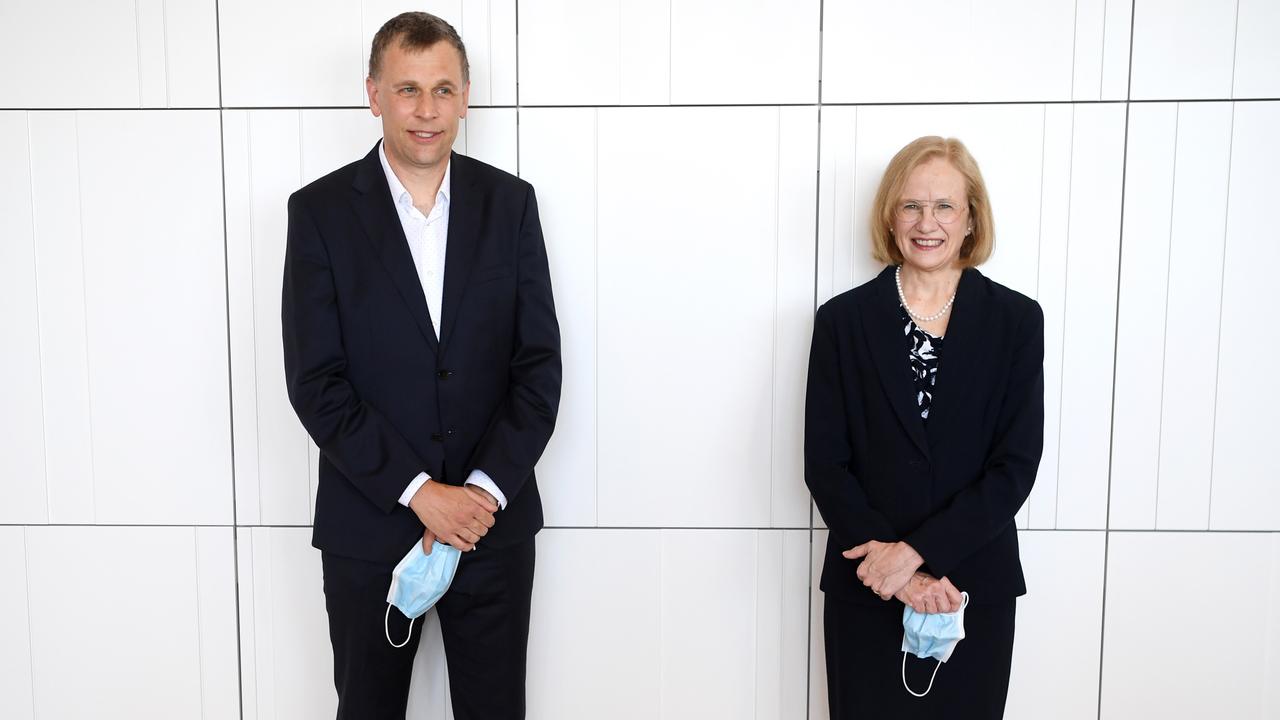 Queensland Chief Health Officer Dr Jeannette Young poses for photos with her replacement Dr Krispin Hajkowicz. Picture: NCA NewsWire/Dan Peled