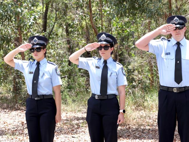 Mourners at the memorial service with full police honours for fallen constables Rachel McCrow and Matthew Arnold at Brisbane Entertainment Centre. Picture: Steve Pohlner