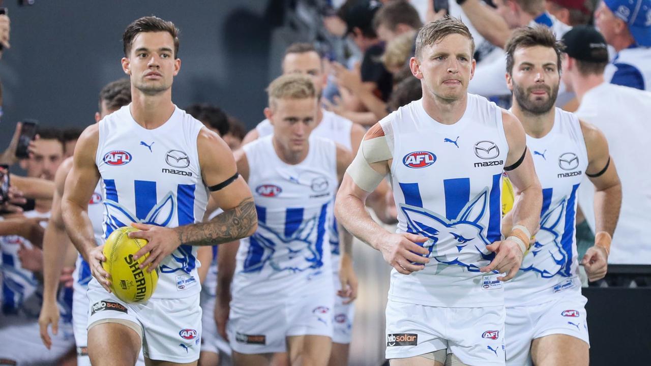 Jack Ziebell leads the Kangaroos onto the field for the round 3 clash against Brisbane.