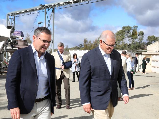 Prime Minister Scott Morrison, pictured with SA Premier Steven Marshall on Sunday in Clare, SA. Picture: Dean Martin.