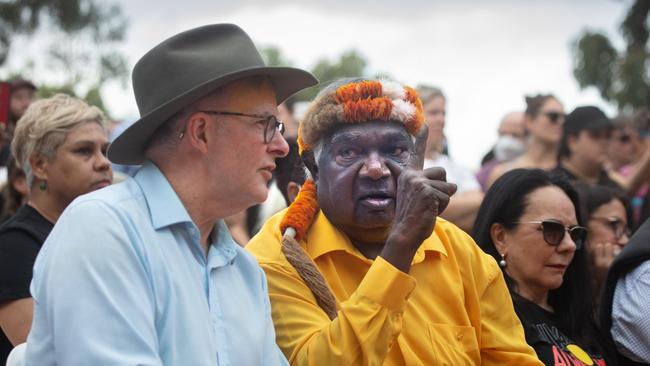 Yunupingu provided advice to many Australian politicians, including Prime Minister Anthony Albanese, who he met recently at Garma 2022. Picture: Melanie Faith Dove