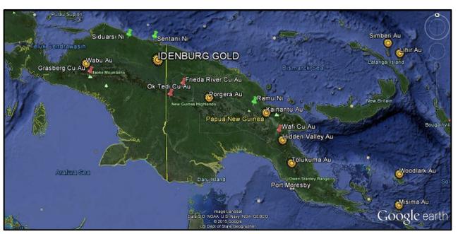 Idenburg location relative to other world class multimillion-ounce gold deposits. Pic: Far East Gold