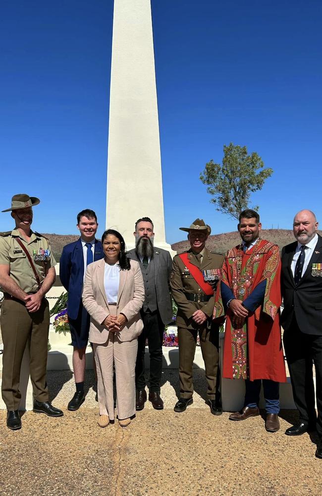 Veterans with NT Senator Jacinta Nampijinpa Price, her family and Mayor Matt Paterson at the Anzac Day ceremony in Alice Springs on April 25, 2024.