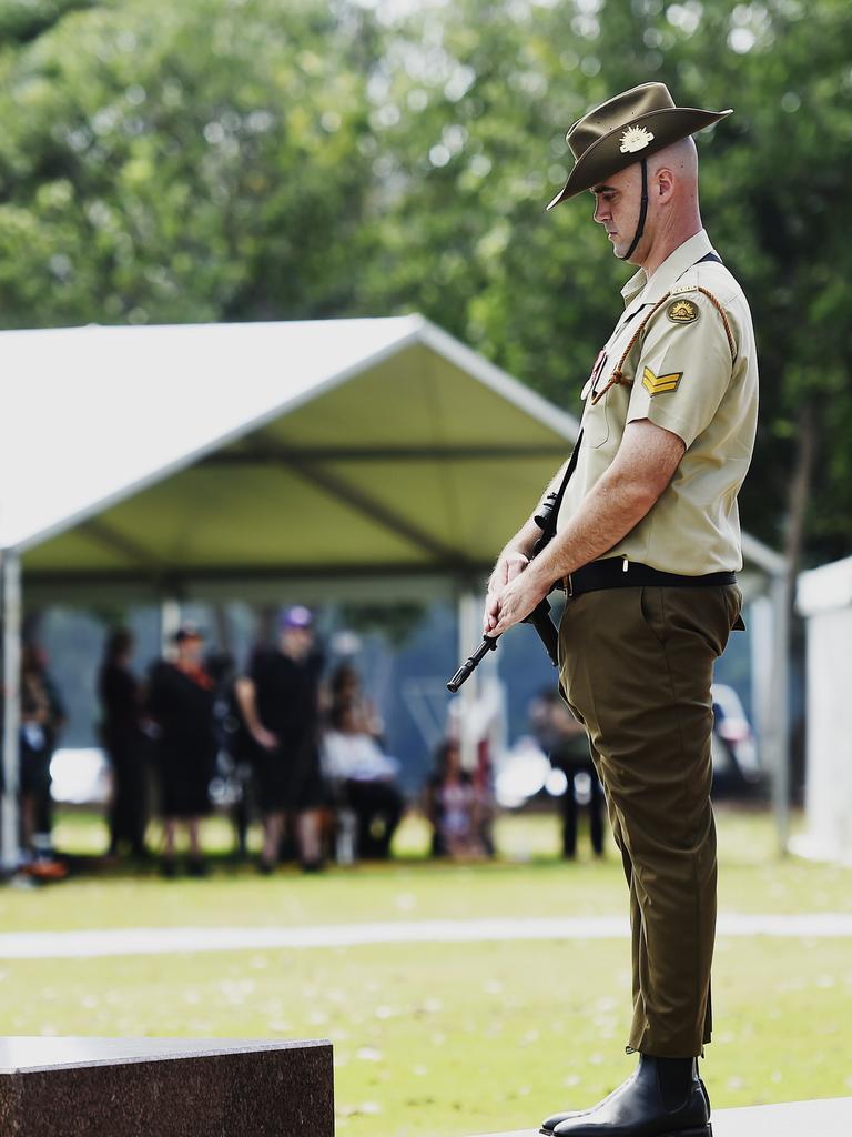 The Catafalque party stands guard in the 77th Anniversary of the Bombing of Darwin on Tuesday, February 19, 2019. Picture: KERI MEGELUS