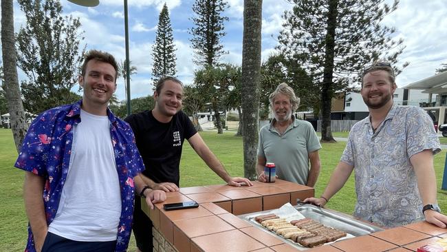 Morgan McClean, Thomas Kraawynbrink, Steve Williamson, and Joel Williamson celebrating Christmas at La Balsa Park.