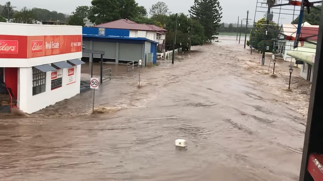 The main street of Laidley transformed into a raging torrent. Picture: Ryan Beaumont