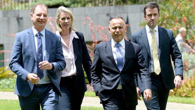 Victorian Opposition Leader John Pesutto, second right, at Parliament House in Melbourne in 2022 with new deputy David Southwick, left, Georgie Crozier and Matthew Bach. Picture: NewsWire / Andrew Henshaw