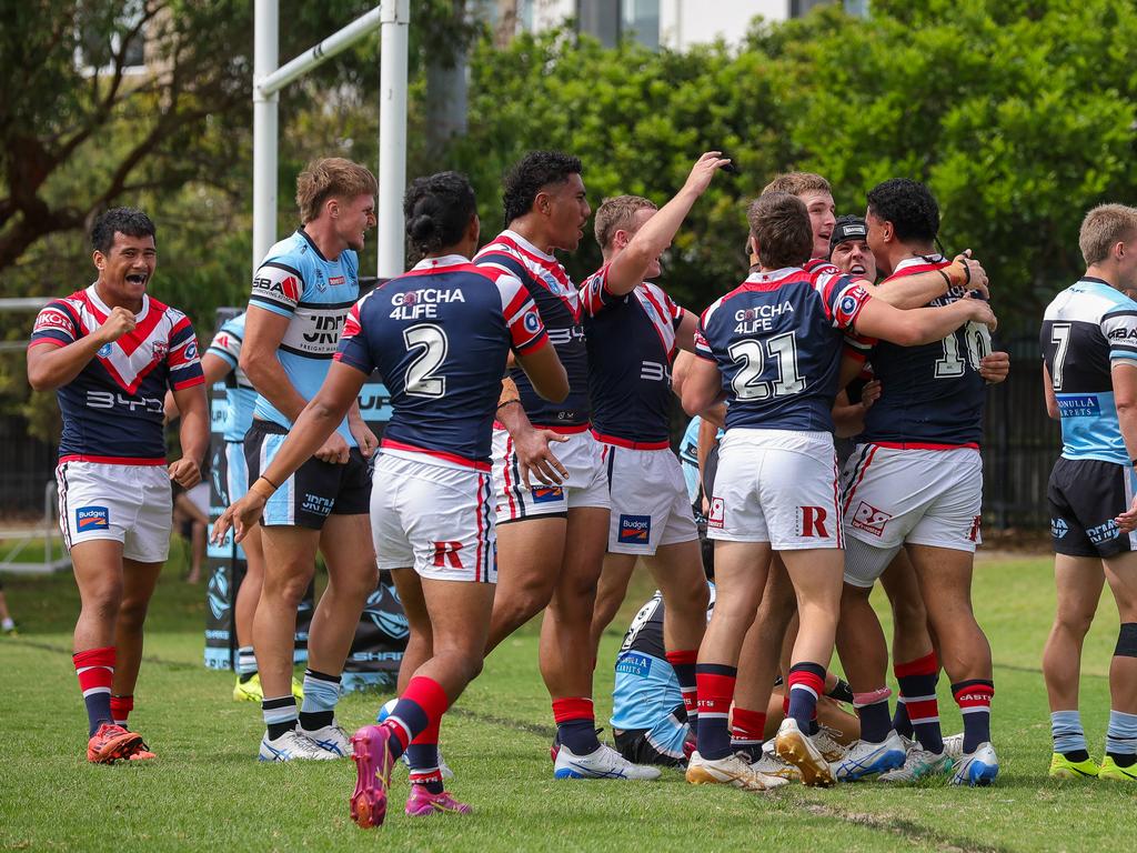 Roosters celebrating Kanaan Magele's try. Picture: Adam Wrightson Photography