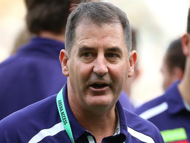 Ross Lyon coach of the Dockers at three quarter time during the Round 7 AFL match between the Richmond Tigers and the Fremantle Dockers at the MCG in Melbourne, Sunday, May 6, 2018. (AAP Image/Hamish Blair) NO ARCHIVING, EDITORIAL USE ONLY