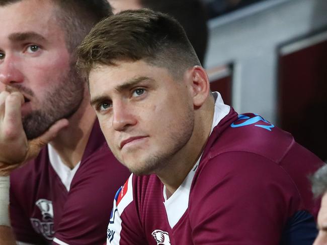 BRISBANE, AUSTRALIA - FEBRUARY 29: Izack Rodda and James O'Connor of the Reds sit on the bench during the round five Super Rugby match between the Reds and the Sharks at Suncorp Stadium on February 29, 2020 in Brisbane, Australia. (Photo by Chris Hyde/Getty Images)