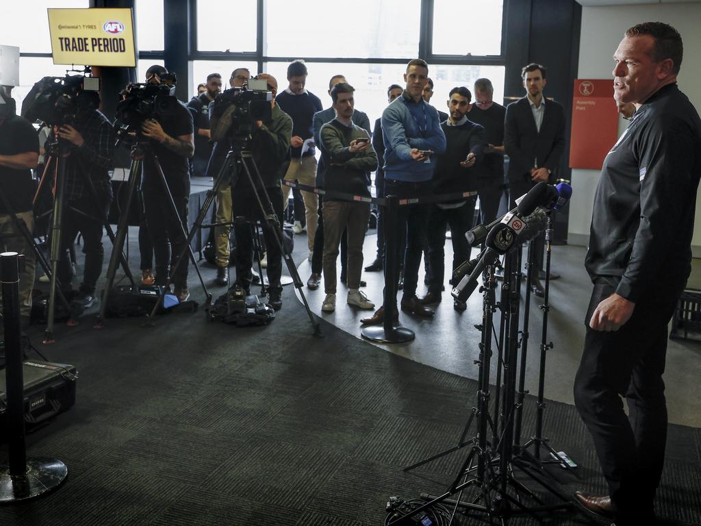 Justin Leppitsch facing the media during last year’s trade period. Picture: Michael Klein