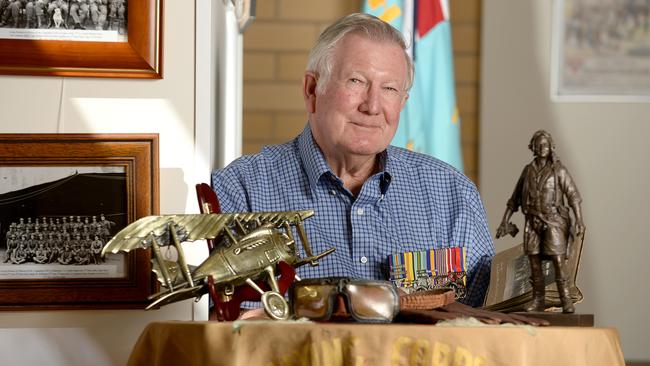 30/3/15 - Bill Chappell of the Royal Australian Air Force Association has put on an exhibition of South Australian WWI flying aces at the Salisbury Civic Centre. There are nine men featured in the exhibition which includes original memorabilia as well as extensive information on each man's life and career. Photo Naomi Jellicoe