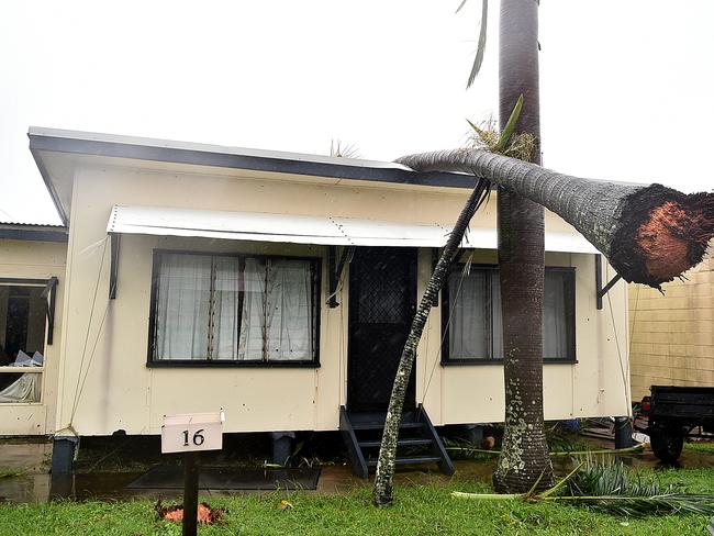 A house in Airlie Beach is left with a gapping hole and a tree on the roof during Cyclone Debbie. Picture: Alix Sweeney