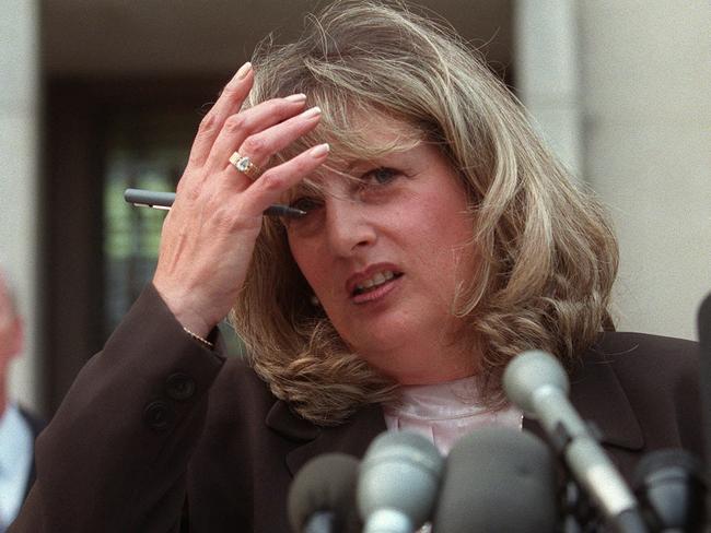 Ms Tripp pictured during press conference outside the federal court in Washington. Picture: AP