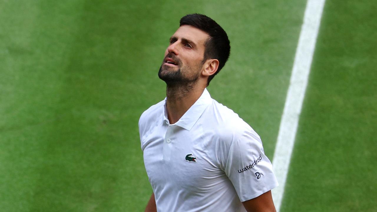 LONDON, ENGLAND - JULY 16: Novak Djokovic of Serbia reacts during the Men's Singles Final against Carlos Alcaraz of Spain on day fourteen of The Championships Wimbledon 2023 at All England Lawn Tennis and Croquet Club on July 16, 2023 in London, England. (Photo by Patrick Smith/Getty Images)