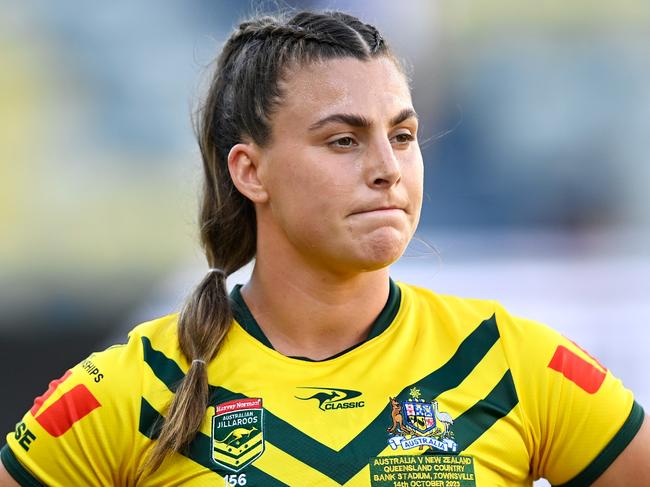 TOWNSVILLE, AUSTRALIA - OCTOBER 14: Jessica Sergis of the Jillaroos looks on during the warm-up before the Womens Pacific Championship match between the Australia Jillaroos and New Zealand Kiwi Ferns at Queensland Country Bank Stadium on October 14, 2023 in Townsville, Australia. (Photo by Ian Hitchcock/Getty Images)