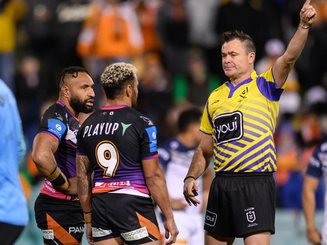 SYDNEY, AUSTRALIA - AUGUST 01: Justin Olam of the Tigers is sent off by Referee Chris Butler during the round 22 NRL match between Wests Tigers and North Queensland Cowboys at Leichhardt Oval, on August 01, 2024, in Sydney, Australia. (Photo by James Gourley/Getty Images)