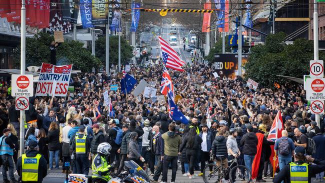 Protesters waved flags and chanted throughout the rally. Picture: Mark Stewart