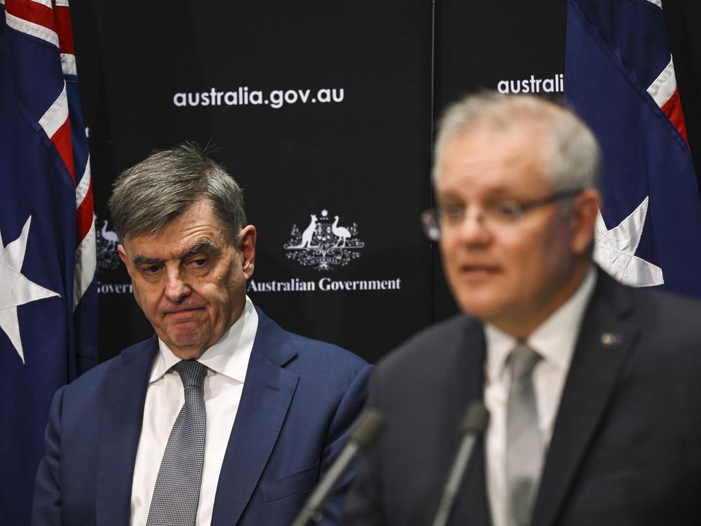 Australia’s Chief Medical Officer Brendan Murphy and Prime Minister Scott Morrison deliver the Government’s road map to recovery. Picture: Lukas Coch/AAP