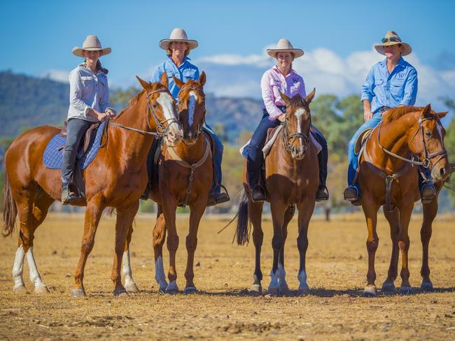 Warragundi Pastoral’s Matt and Deb Kelley with their daughters ready for mustering.